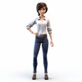 Detailed 3d Cartoon Woman In Blue Shirt And Jeans