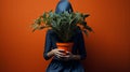 Surreal Fashion Photography: Dark Blue Person Holding Potted Plant