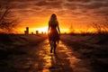a woman wearing boots walking away towards the setting sun