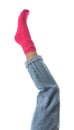 Woman wearing bright sock on white background, closeup