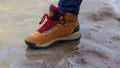 Woman wearing brown leather Columbia hiking boots