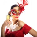 Woman wearing carnival mask with glass of champagne Royalty Free Stock Photo