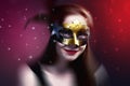 Woman wearing carnival venetian mask on blur background. Royalty Free Stock Photo