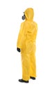 Woman wearing chemical protective suit on white background. Virus research Royalty Free Stock Photo