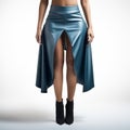 Symmetrical Asymmetry: The Model Blue Leather Skirt With A Streamlined 3d Design