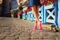 Woman wearing expressive pink shoes Royalty Free Stock Photo