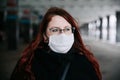 Woman wearing face mask because of Air pollution or virus epidemic in the city