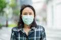 Woman wearing face mask protect filter against air pollution PM2.5 or wear N95 mask. protect pollution, anti smog and viruses,