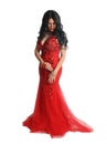 Woman Wearing Formal Red Mermaid Style Gown Isolated on White Background Royalty Free Stock Photo