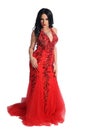 Woman Wearing Formal Red Mermaid Style Gown Isolated on White Background Royalty Free Stock Photo