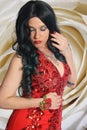 Woman Wearing Formal Red Mermaid Style Gown With Rose Royalty Free Stock Photo