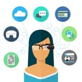 Woman wearing glasses augmented reality. Flat icon