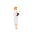 Woman Wearing Glasses and Coat Working in Laboratory, Female Scientist Character Holding Flasks and Clipboard Vector