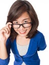 Woman wearing glasses looking up happy smile .