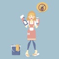 woman wearing glove holding spray and clean solution with bucket, pest control, anti bug and cockroach, cleaning concept