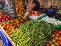 woman wearing gloves moving tomatoes to market stall