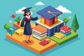 A woman wearing a graduation cap and gown standing in front of a pile of books, Girl on graduation Customizable Isometric Royalty Free Stock Photo