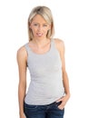 Woman wearing gray tank top shirt