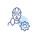 Woman wearing hard hat and cogwheel icon. Female representation in engineering and construction professions