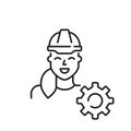 Woman wearing hard hat and cogwheel vector icon. Female representation in engineering and construction professions