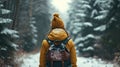 A woman wearing a hat and backpack in a snowy forest, hiking and winter travelling by foot, adventure concept. Royalty Free Stock Photo