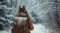 A woman wearing a hat and backpack in a snowy forest, hiking and winter travelling by foot, adventure concept. Royalty Free Stock Photo