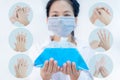 Woman wearing hygienic protective mask holding alcohol sanitizer gel standing on white background with copy space ,daily