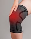 Woman wearing knee brace to reduce pain or prevent injury during sport. Female leg with red point. Sprained, ruptured Royalty Free Stock Photo