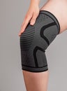 Woman wearing knee pad to reduce pain. Sprained, ruptured ligaments, meniscus tear, tendinitis, arthritis. Health Royalty Free Stock Photo