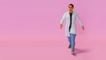 Woman wearing lab coat and working rush health care professional laboratory technician pharmacist person on pink background 3D