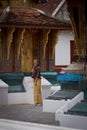 woman wearing lao tradition clothes standing against beautiful decoration of building of wat xiangthong one of luangprabang Royalty Free Stock Photo