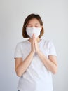 Woman wearing mask get sick from corona virus, and flu. pray and cheer up for stay strong and get well.self quarantine and