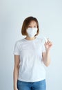 Woman wearing mask get sick from corona virus,, flu symptom as sneezing, cough, fever, body ache, breathing , pain Royalty Free Stock Photo