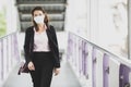 Woman wearing mask waking to work