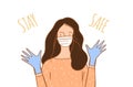Woman wearing medical masc an gloves, vector illustration.