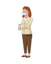 Woman wearing medical mask with antibacterial bottle character