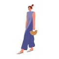 Woman wearing modern casual summer apparel. Girl going in loose sleeveless jumpsuit, bag. Female walking in fashion