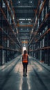 Woman in Orange Vest Walking Through Warehouse