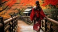 Woman wearing pink kimono on Wooden bridge in the autumn park, Japan autumn season, Kyoto Japan