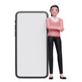 woman wearing pink sweater leaning on phone with big white screen