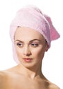 Woman wearing pink towel