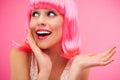 Woman wearing pink wig