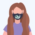 Woman wearing protective face mask with snail icon smog air pollution virus protection concept girl profile avatar