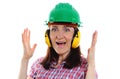 Woman wearing protective helmet and headphones Royalty Free Stock Photo