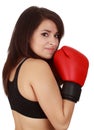 Woman wearing red boxing glove Royalty Free Stock Photo
