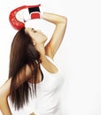Woman wearing red boxing gloves Royalty Free Stock Photo
