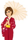 Woman wearing red kimono and holding a japanese parasol Royalty Free Stock Photo