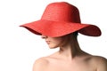 Woman wearing red straw hat Royalty Free Stock Photo