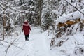 Woman wearing red winter jacket, walks in snowy forest.