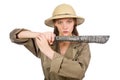 The woman wearing safari hat on white Royalty Free Stock Photo